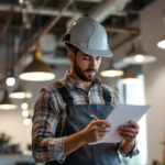 A photograph of a lighting contractor meticulously reviewing a checklist while installing various types of light fixtures in a well-lit