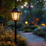 A photograph of a beautifully illuminated outdoor lamp post in a serene garden setting