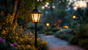 A photograph of a beautifully illuminated outdoor lamp post in a serene garden setting