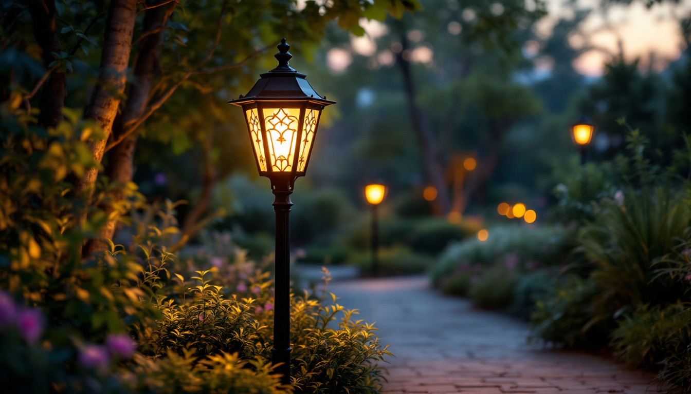 A photograph of a beautifully illuminated outdoor lamp post in a serene garden setting