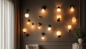 A photograph of a beautifully arranged display of various wall sconce light fixtures in a stylish interior setting