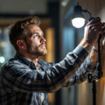 A photograph of a skilled lighting contractor expertly installing or adjusting a modern led fixture in a well-lit