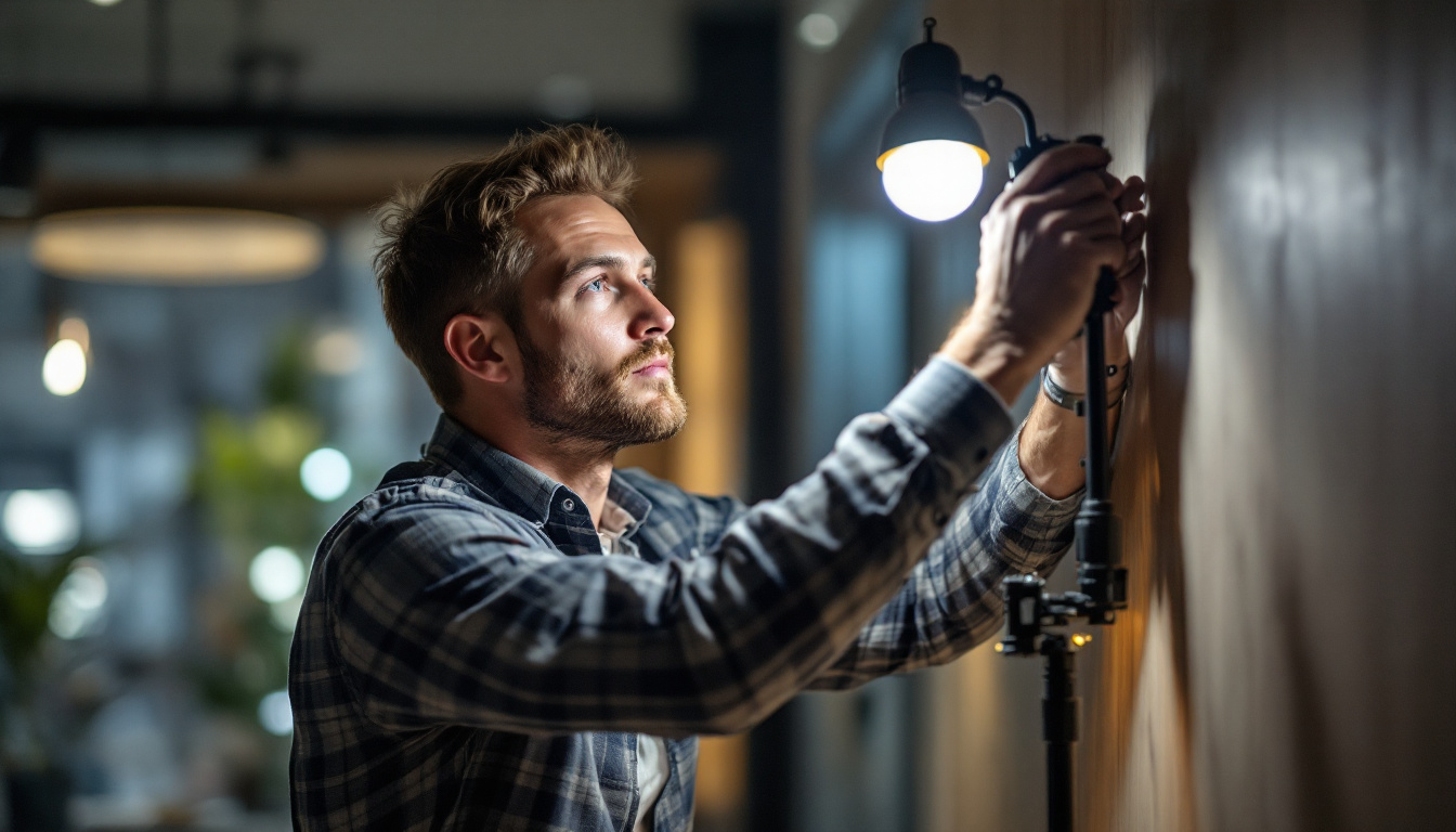 A photograph of a skilled lighting contractor expertly installing or adjusting a modern led fixture in a well-lit
