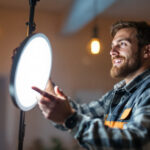 A photograph of a lighting contractor installing or showcasing a 12-inch led light fixture in a well-lit indoor environment