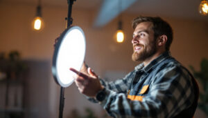 A photograph of a lighting contractor installing or showcasing a 12-inch led light fixture in a well-lit indoor environment
