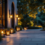 A photograph of a beautifully designed outdoor space featuring stylish carriage lamps illuminating a pathway or entrance