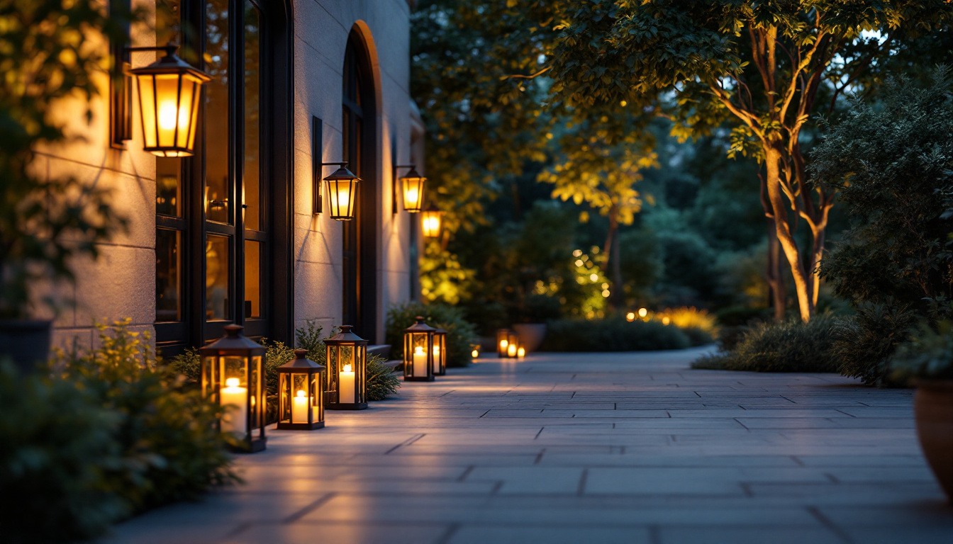 A photograph of a beautifully designed outdoor space featuring stylish carriage lamps illuminating a pathway or entrance