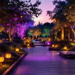 A photograph of a beautifully lit outdoor space showcasing a variety of colorful lighting fixtures in use