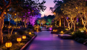 A photograph of a beautifully lit outdoor space showcasing a variety of colorful lighting fixtures in use