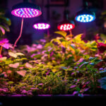 A photograph of a vibrant indoor garden illuminated by various led grow lights
