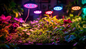 A photograph of a vibrant indoor garden illuminated by various led grow lights