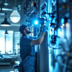 A photograph of a lighting contractor expertly installing a sophisticated lighting control system in a modern residential or commercial space