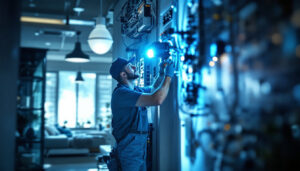 A photograph of a lighting contractor expertly installing a sophisticated lighting control system in a modern residential or commercial space