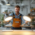 A photograph of a lighting contractor comparing two different light fixtures labeled 5000k and 6000k in a well-lit workspace