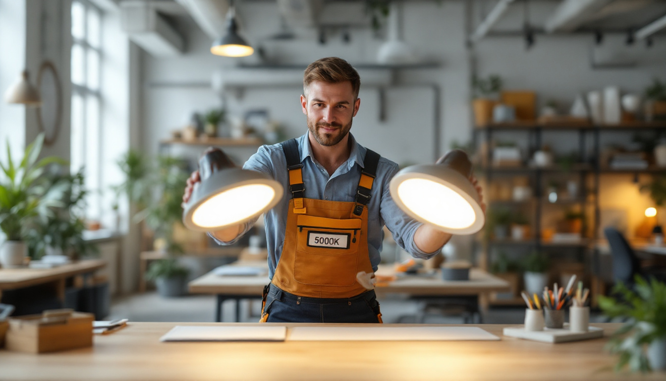 A photograph of a lighting contractor comparing two different light fixtures labeled 5000k and 6000k in a well-lit workspace