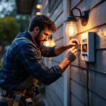 A photograph of a lighting contractor installing a porch light timer