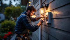 A photograph of a lighting contractor installing a porch light timer