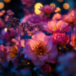 A photograph of a beautifully arranged floral display illuminated by soft