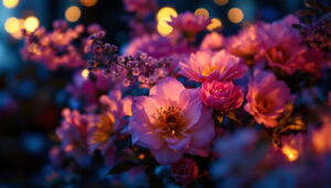 A photograph of a beautifully arranged floral display illuminated by soft