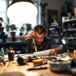A photograph of a well-lit workspace featuring a lighting contractor installing pancake lights