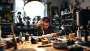 A photograph of a well-lit workspace featuring a lighting contractor installing pancake lights