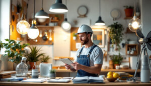 A photograph of a lighting contractor evaluating various lighting options