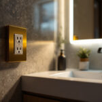 A photograph of a well-lit bathroom showcasing a stylish and modern electrical outlet