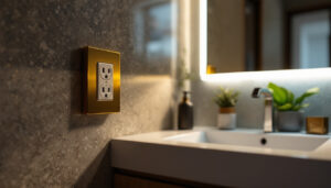 A photograph of a well-lit bathroom showcasing a stylish and modern electrical outlet