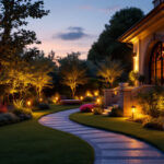 A photograph of a beautifully illuminated outdoor space featuring various landscape lighting installations