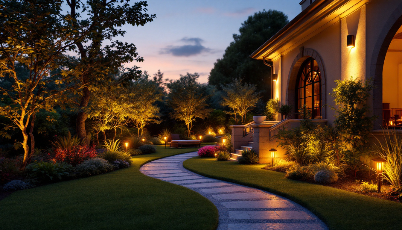 A photograph of a beautifully illuminated outdoor space featuring various landscape lighting installations