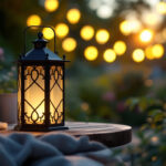A photograph of a beautifully designed lantern solar light illuminating a cozy outdoor setting
