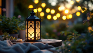 A photograph of a beautifully designed lantern solar light illuminating a cozy outdoor setting