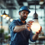 A photograph of a lighting contractor in action