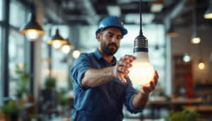 A photograph of a lighting contractor in action