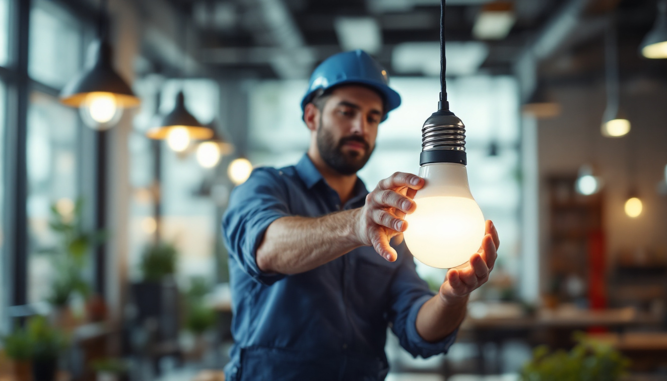 A photograph of a lighting contractor in action