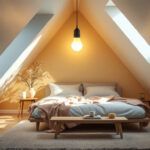 A photograph of a beautifully designed attic space featuring an energy-efficient light fixture