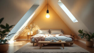 A photograph of a beautifully designed attic space featuring an energy-efficient light fixture
