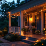 A photograph of a beautifully illuminated porch featuring a variety of stylish outdoor lights