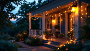 A photograph of a beautifully illuminated porch featuring a variety of stylish outdoor lights