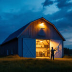 A photograph of a beautifully illuminated barn at dusk