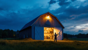A photograph of a beautifully illuminated barn at dusk