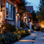 A photograph of a beautifully illuminated outdoor space featuring stylish outdoor lamps that highlight pathways