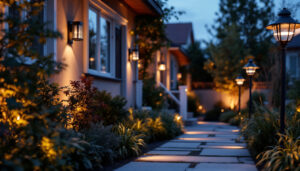 A photograph of a beautifully illuminated outdoor space featuring stylish outdoor lamps that highlight pathways