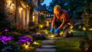 A photograph of a lighting contractor installing energy-efficient led outdoor lights in a residential garden