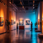 A photograph of a beautifully lit art gallery showcasing various artworks