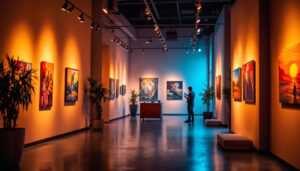 A photograph of a beautifully lit art gallery showcasing various artworks