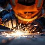A photograph of a skilled lighting contractor using advanced electricity tools on a job site