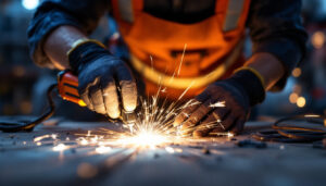 A photograph of a skilled lighting contractor using advanced electricity tools on a job site