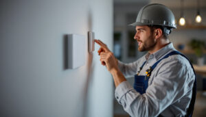 A photograph of a lighting contractor expertly installing a smart 4-way switch in a modern home setting