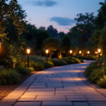 A photograph of a beautifully landscaped garden at dusk
